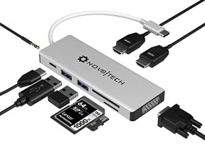 NOV8Tech USB C Hub 9-in-1 Docking Station Silver USB C to Dual HDMI Adapter